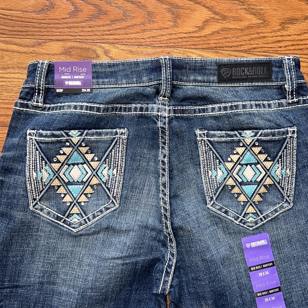 ROCK&ROLL‎ DENIM MID RISE STRETCH AZTEC LEATHER EMBROIDERED BOOTCUT JEANS -28x34 - Picture 9 of 12